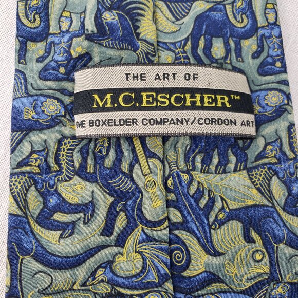 MC Escher Boxelder Tie Mosaic II Lithograph 1957 Silk Made in Italy Blue Green - Picture 2 of 5